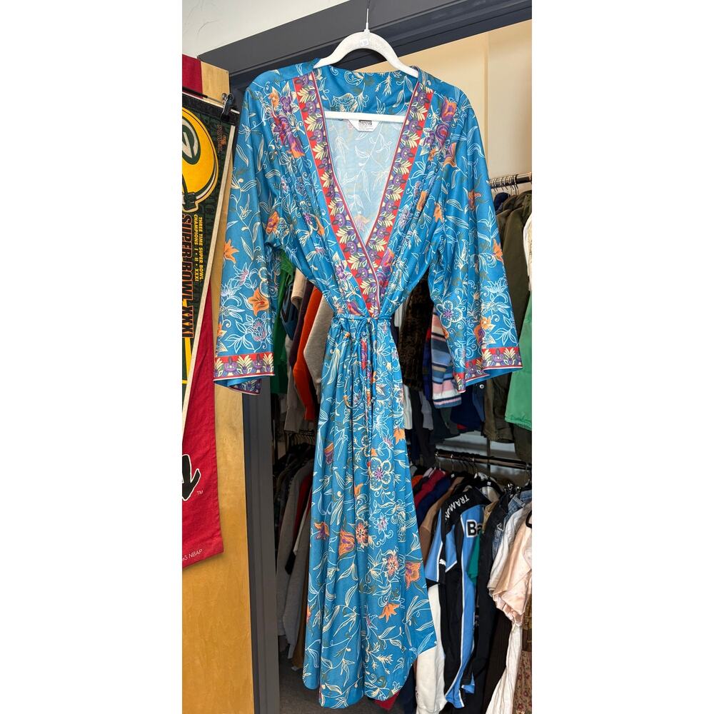 VINTAGE 70s Montgomery Ward Wrap Dress Womens Blue Floral Tie Waist Boho Medium